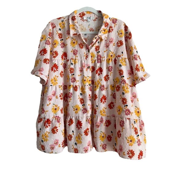 MOA MOA Women's 3X Floral Short Sleeve Blouse with Button-Up Collared Boho Top - Picture 1 of 10